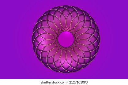 Torus Yantra, Gold flower sacred geometry circles element. Golden Logo Mandala Circular mathematical ornament. Luxury circular pattern from the crossed circles, vector isolated on purple background 
