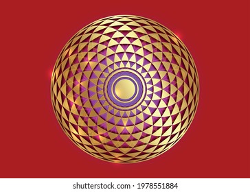 Torus Yantra, Gold Hypnotic Eye sacred geometry basic element. Golden Logo Circular mathematical ornament. Circular pattern from the crossed circles, vector isolated on red background 