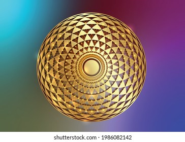 Torus Yantra, Gold Hypnotic Eye sacred geometry basic element. Golden Logo Circular mathematical ornament. Circular pattern from the crossed circles, vector isolated on colorful background 