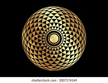 Torus Yantra, oro Hypnotic Ojo sagrado elemento básico de geometría. Ornamento matemático circular con logotipo dorado. Patrón circular de los círculos cruzados, vector aislado sobre fondo negro 