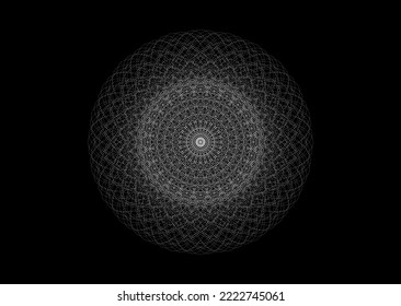 Torus Yantra of point cloud, Hypnotic Eye sacred geometry basic element. White Mandala Circular mathematical ornament. A dotted pattern from the crossed circles, vector isolated on black background 