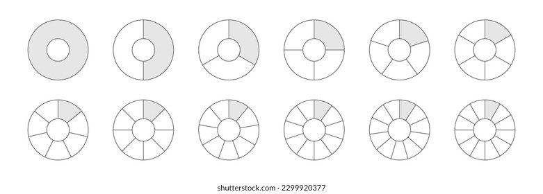 Toruses with sections set vector illustration. Abstract black line pie charts with divisions, graphic diagram collection with round geometric elements divide into parts and slices from 1 to 12.