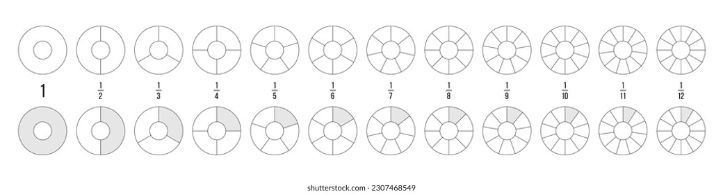 Toruses con secciones conjunto de ilustración vectorial. Resumen de gráficos circulares de línea negra con divisiones, colección de diagramas gráficos con elementos geométricos redondos divididos en partes y cortes de 1 a 12.