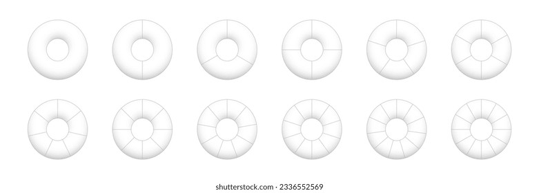 Toruses with sections set vector illustration. Abstract black line pie charts with divisions, graphic diagram collection with round geometric elements divide into parts and slices from 1 to 12.