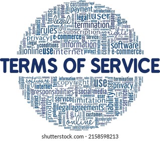 TOS - Terms of Service word cloud conceptual design isolated on white background.