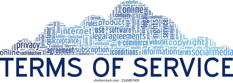 TOS - Terms of Service word cloud conceptual design isolated on white background.