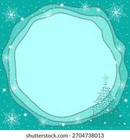 Marco de fondo verde del círculo de Tosca con los copos de nieve brillantes y el árbol de Navidad en la estación de invierno