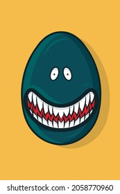 Tosca green egg character illustration with sharp teeth smiling on onage background