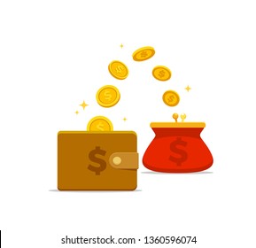 toss of coins between brown wallet and red purse