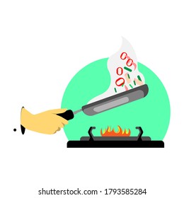 Toss, Flip Food In A Pan Or Skillet Flat Icon Logo Vector Illustration. Is In The Cooking Process Concept