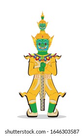 The Tossakan or Thotsakan or Ravana mask crown Head and dress in Ramakien or Ramayana Mahabharata literature - Guard statue of Thailand Temple drawing in vector svg