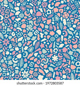 Tossed abstract shapes, flowers, leaves, hearts, spirals, waves, crosses, rings and other amorphous figures. An optimistic, youthful, playful palette that’s perfect for spring. For paper or web design