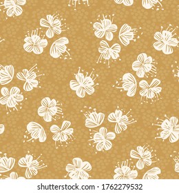 Tossed flower heads seamless vector pattern. Bloomed heads in off-white tossed around with textured yellow background.