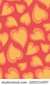 Corazones Gráficos, en diferentes tamaños, en Naranja y Oro Amarillo sobre un fondo rojo.  Formas simples, repetición de Vector sin fisuras.