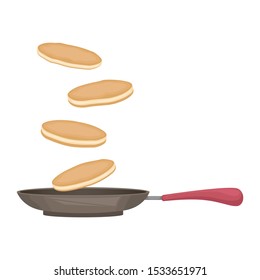 Tossed pancake in the pan. Flat vector illustration.