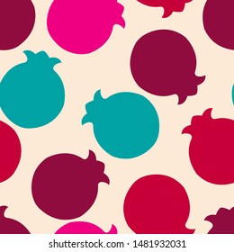 Tossed violet,turquoise,red and burgundy pomegranates linear repeating pattern