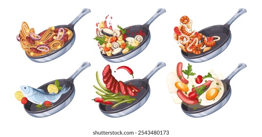 Tossing in air cartoon frying pan with food set. Meat and fish, vegetables and seafood ingredients cooked in frying pan with spices. Cooking mascot, cartoon chef skillets of dinner vector illustration