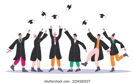 Tossing caps in air. College graduates throw up academic caps. Students ending education. Certified specialists in robes. University graduation. People team