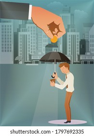 Tossing coins to the poor man. Welfare, Donation, unemployment benefit. Vector illustration in a flat style of a concept of the gap between the rich and the poor. City background