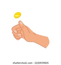 Tossing gold coin up, isolated hand of character throwing money. Arm of personage with money, paying or saving financial assets. Vector in flat cartoon style