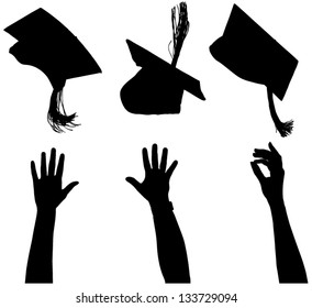 Tossing mortarboard Silhouette on white background