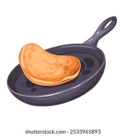 Tossing pancake in cartoon frying pan. Yellow hotcake flying in air on black skillet, chefs movement. Dessert of American cuisine cooking mascot, cartoon pancake making in frypan vector illustration