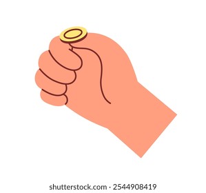 Revuelta con una moneda de oro. Voltear la mano, lanzar dinero, sostener el cambio en el dedo pulgar. Juego de cabezas o colas para la suerte, la casualidad. Concepto financiero. Ilustración vectorial plana aislada sobre fondo blanco.