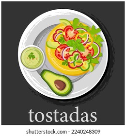 Tostadas are a type of Mexican food made from crispy fried corn tortillas covered with layers of various ingredients. Latin American cuisine.