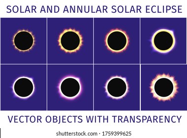 Total and annular solar eclipse. Set of different eclipses with transparency on a dark blue background. Vector illustration