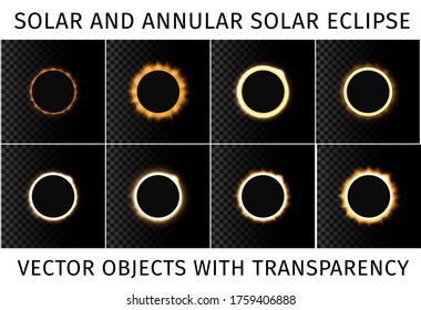 Total and annular solar eclipse. Set of different eclipses on a dark background with with an example of use on a transparent background. Vector illustration