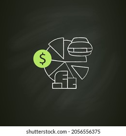 Total asset count chalk icon. All ownership aspects.Car, cash, accounts receivable,private property.Asset management concept. Isolated vector illustration on chalkboard