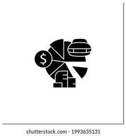Icono de glifo de recuento total de activos. Todos los aspectos de propiedad.Automóvil, efectivo, cuentas por cobrar, propiedad privada.Concepto de gestión de activos. Señal plana rellena. Ilustración vectorial de silueta aislada