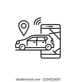 Automóvil total verifica el coche lineal con amplificador y punto de ubicación. Buscar vehículo compartido, símbolo lineal de contorno. Señal de buscador de autos de alquiler