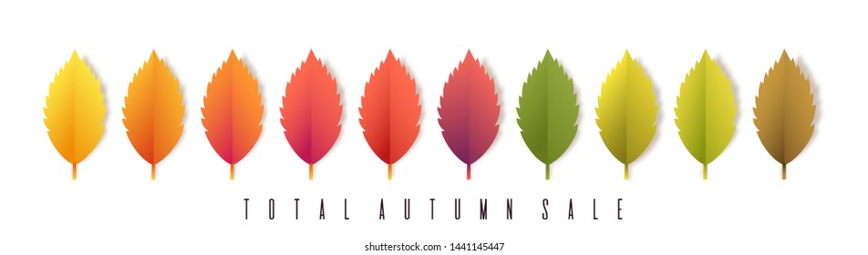 Total autumn sale banner. Colorful leaves on white backg Trendy origami paper cut style vector illustration