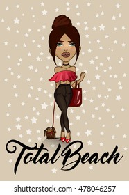 "Total Beach" vector illustration for poster, t-shirt design. Fashion girl with little cute dog.