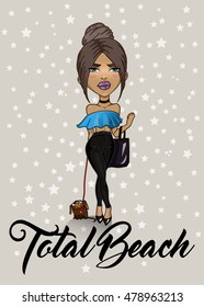"Total Beach" vector illustration for poster, t-shirt design. Fashion girl with little cute dog.