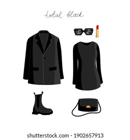 Total black look. Trendy wear set including jacket, little black dress, stylish boots, cross body bag, dark sunglasses and red lipstick. Templates for beauty blog,  websites, social media. Clothes set