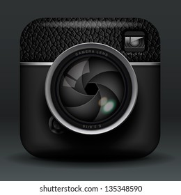 Total black professional photo camera icon, vector illustration.