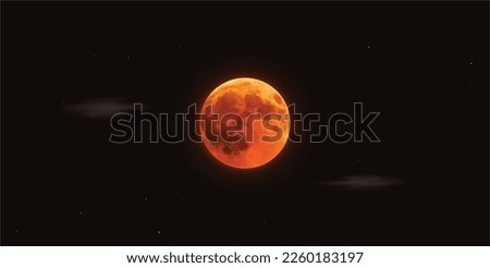 Total blood lunar eclipse with meteorites and clouds on dark space background. Vector illustration.