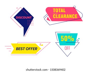 Total Clearance Discount Banners Set. Colorful Tags Icons or Stickers with Title and Typography Elements. Best Offer Posters for Retail Marketing Promotion Discount Ad. Flat Vector Illustration