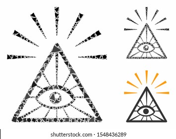 Total control eye pyramid mosaic of tremulant elements in different sizes and shades, based on total control eye pyramid icon. Vector bumpy elements are composed into mosaic.