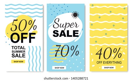 Total Discounts and Summer Sales Tags Flat Set. Vector Collection with 40, 50, 70 Percent off. Journal Cards. Templates for Social Stories. Printable Flyers. Absolute Final Shop Rake-off Illustration