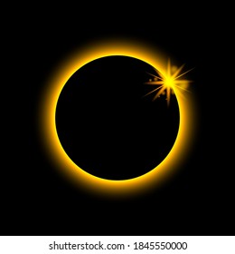 Total eclipse solar. Sun planet glows in ring. Circle earth in fire. Moon light on night space. Full eclipse with red aura on black outer. Astronomy mystery. Abstract cosmic star with shine. Vector.