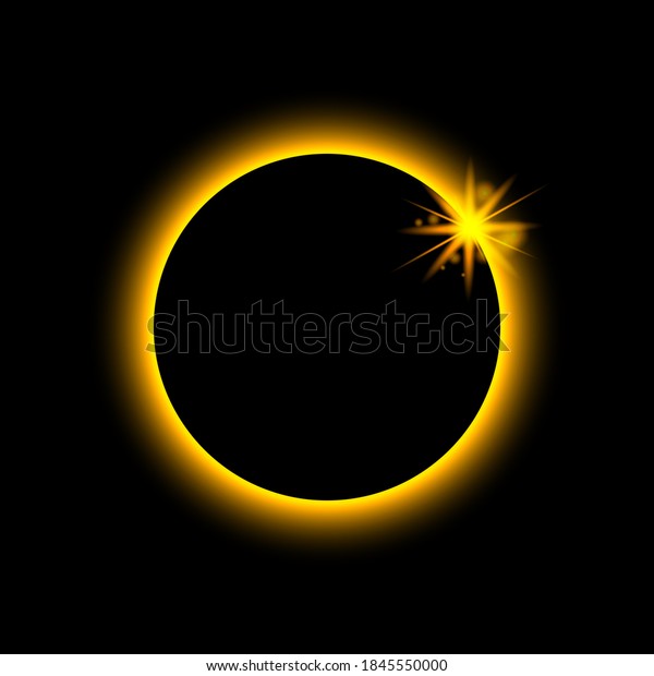Total eclipse solar. Sun planet glows in ring.
Circle earth in fire. Moon light on night space. Full eclipse with
red aura on black outer. Astronomy mystery. Abstract cosmic star
with shine. Vector.