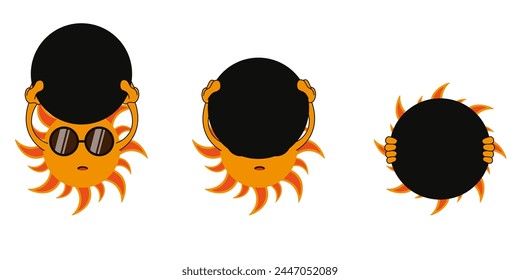 Total Eclipse of the Sun with funny Kawaii Sun character. The Stages of Solar Eclipse isolated white background. Cartoonish Vector aesthetic.