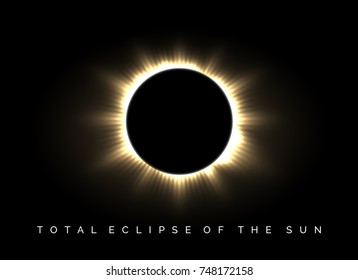 Total eclipse of the sun poster. Darkness and solar corona glow in universe vector background