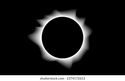 Total eclipse of the sun. Vector. Solar corona during a total eclipse in black white color, glow around a black circle, space for text, minimal style