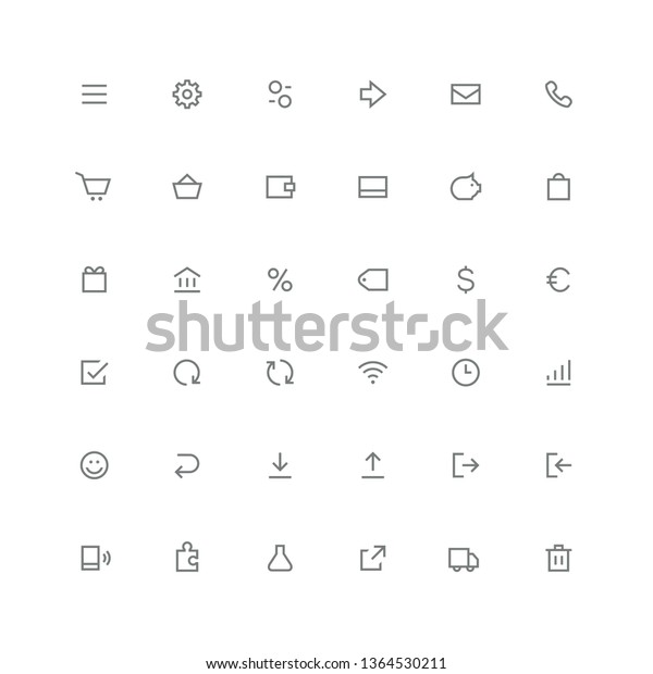 Total icon set - menu, gear, arrow, mail, phone,
shopping cart, wallet, money box, percent, smile, puzzle and other
symbols. Online store, business and finance, internet and website
outline vector.