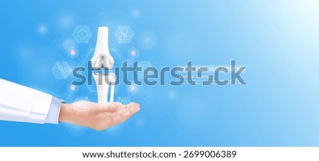 Total knee replacement model in doctor hand. leg joint bone surrounded by medical icons. Technologies in science health care. Realistic 3D Vector.