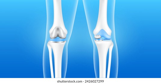 El reemplazo total de rodilla o el implante parcial para el tratamiento alivian la artritis, después de la lesión articular. Radiografía de hueso y cartílago de la pierna. Concepto de ciencia y tecnología de la atención médica. Banner vectorial 3D.